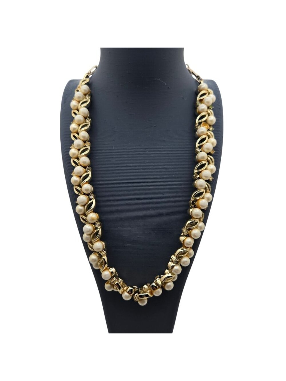 Vintage Signed Lisner Gold-Tone Faux Pearl Rhinestone Necklace Vintage Statement